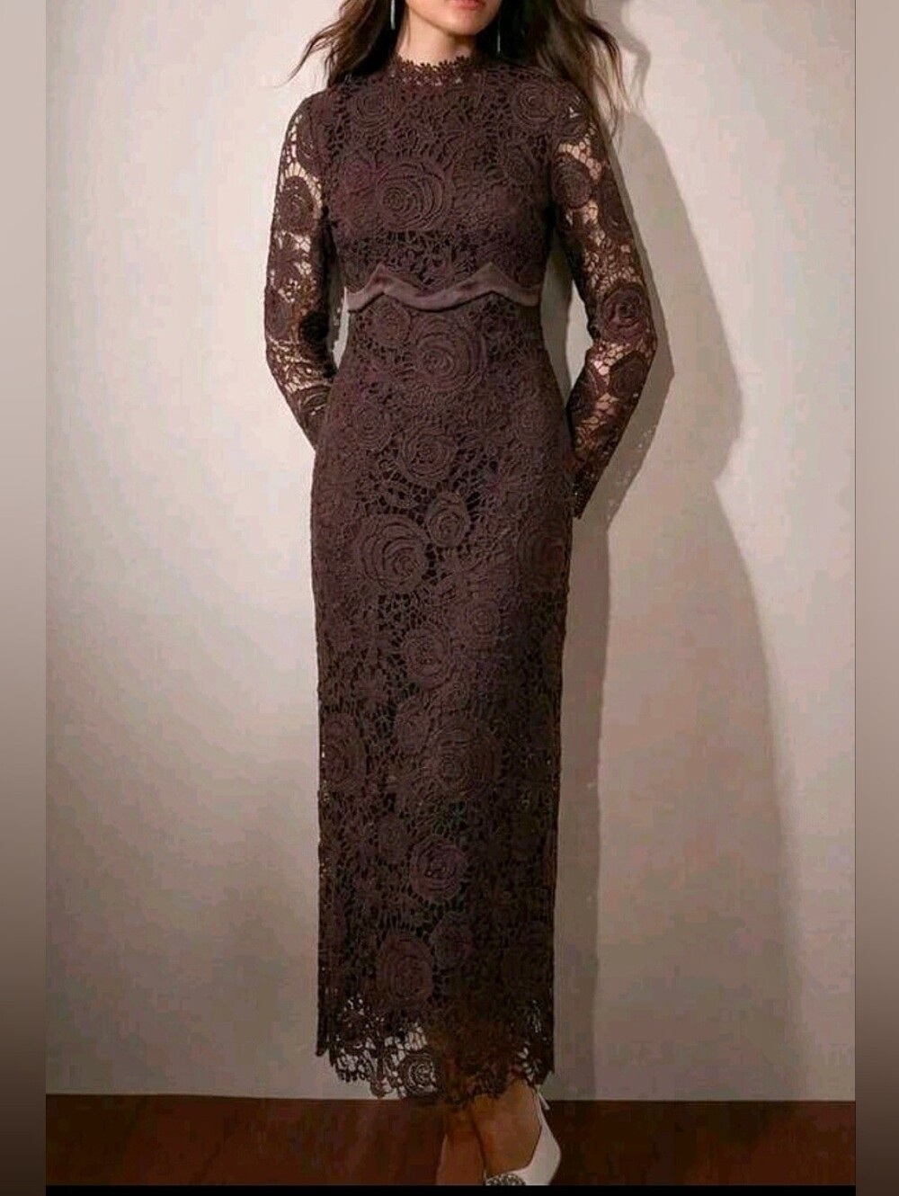 New Lace High Neck Midi Dress Embroidered Floral Brown